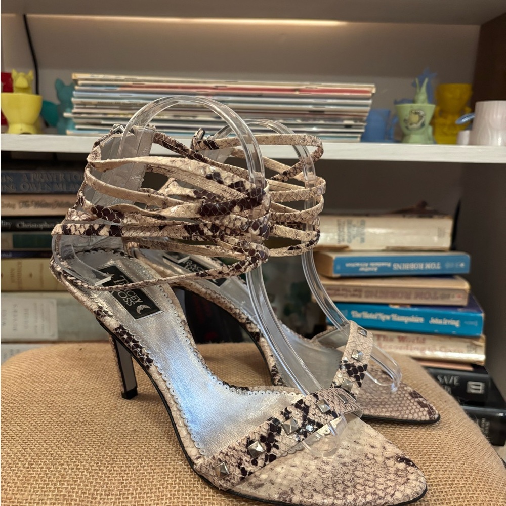 Tracey Ross Snake Print Strappy Heels